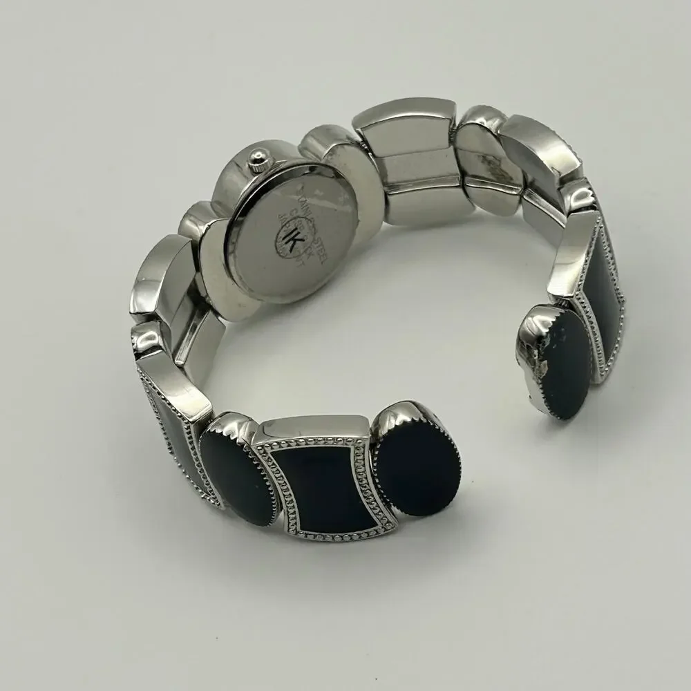 Black Mother Pearl Black And Silvertone Cuff Bracelet Watch Working New Battery